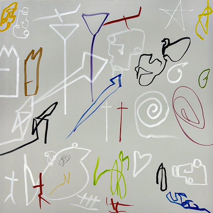 Noël Dolla, peinture : tracés bleus, rouges, jaunes, verts, noirs et blancs sur fond gris clair